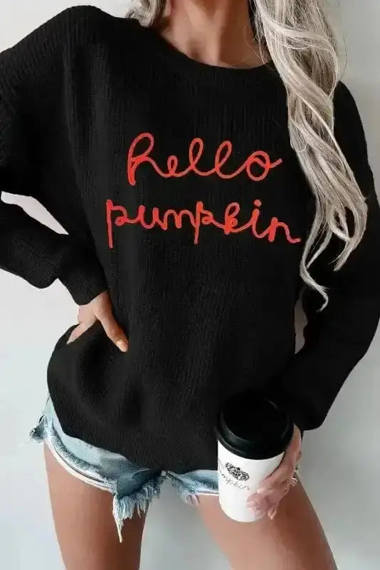Black hello pumpkin graphic knit sweater front view — Fashionfitz UK