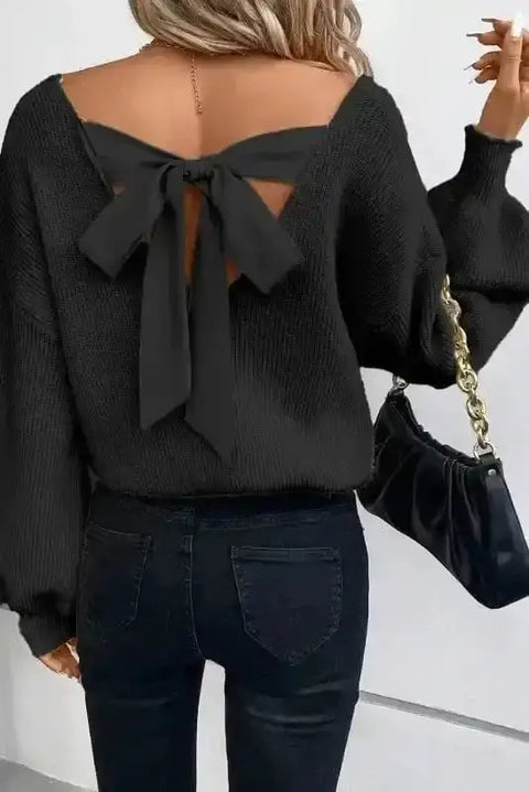 Black lantern sleeve V-neck knot back sweater front view — Fashionfitz UK