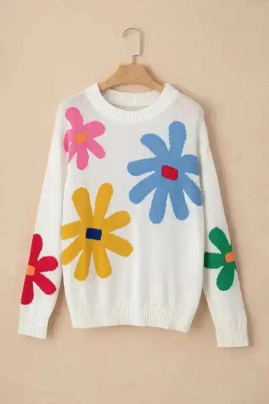 Sweaters Blossom White Floral Crewneck Sweater