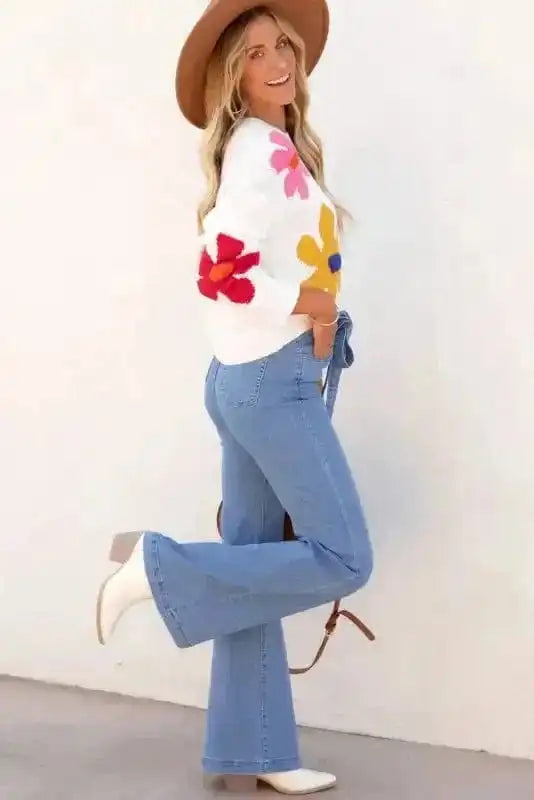 Sweaters Blossom White Floral Crewneck Sweater