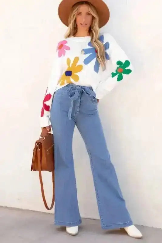 Sweaters Blossom White Floral Crewneck Sweater