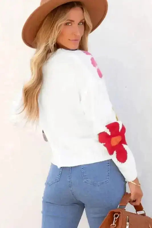 Sweaters Blossom White Floral Crewneck Sweater