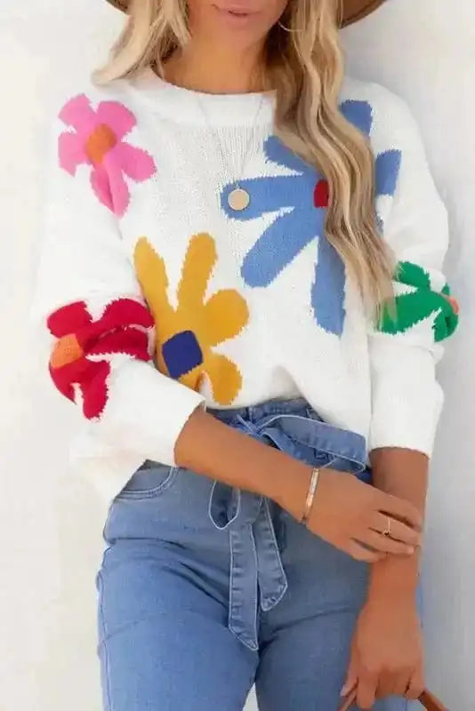 Sweaters Blossom White Floral Crewneck Sweater