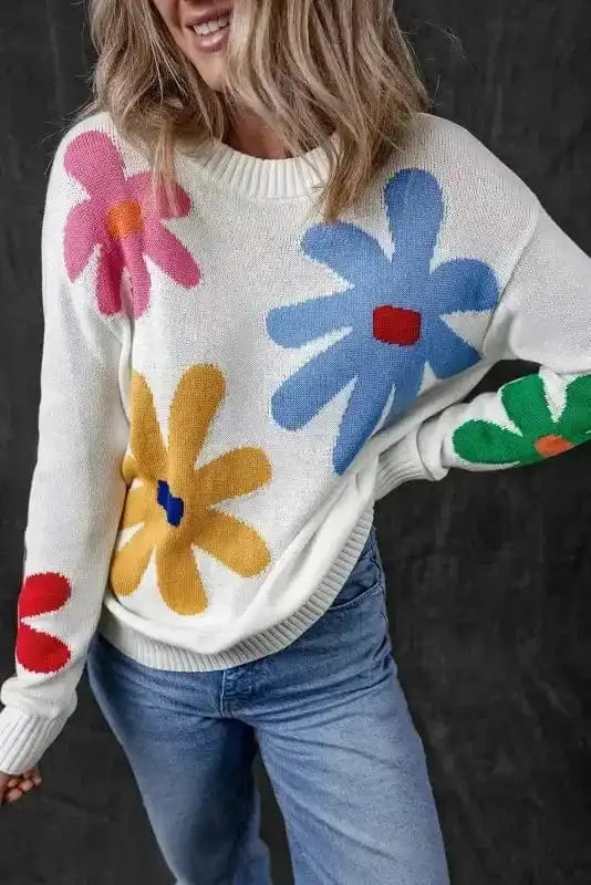Sweaters Blossom White Floral Crewneck Sweater