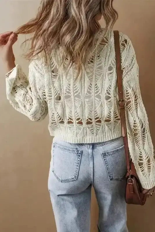 Boho crochet detail loose sweater back view — Fashionfitz UK