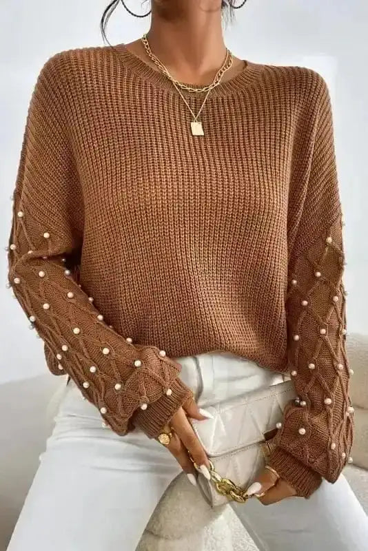 Chestnut pearl beaded drop shoulder jumper front view — Fashionfitz UK