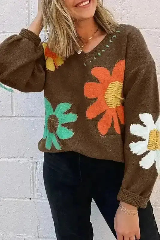 Coffee wildflower slouchy knit sweater front view — Fashionfitz UK