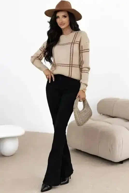 Sweaters Cozy Khaki Plaid Knit Sweater