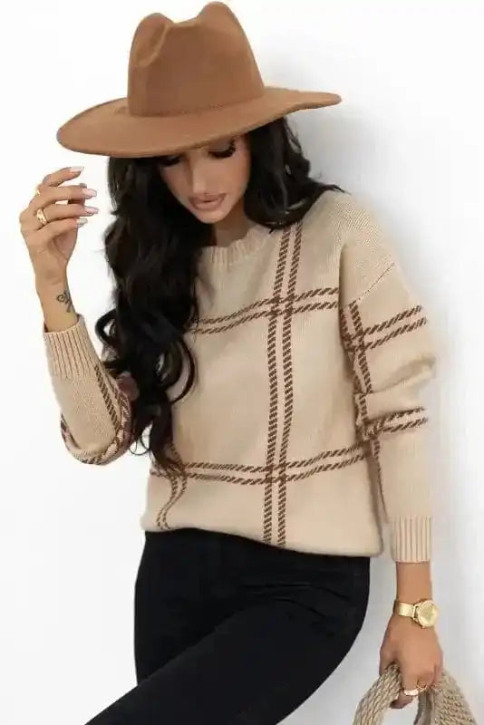 Sweaters Cozy Khaki Plaid Knit Sweater