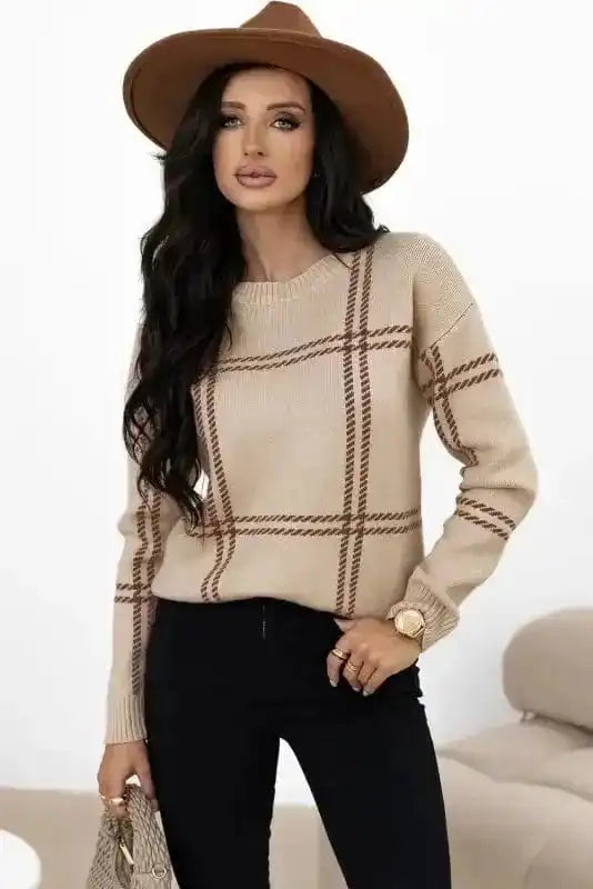 Sweaters Cozy Khaki Plaid Knit Sweater