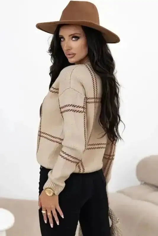 Sweaters Cozy Khaki Plaid Knit Sweater