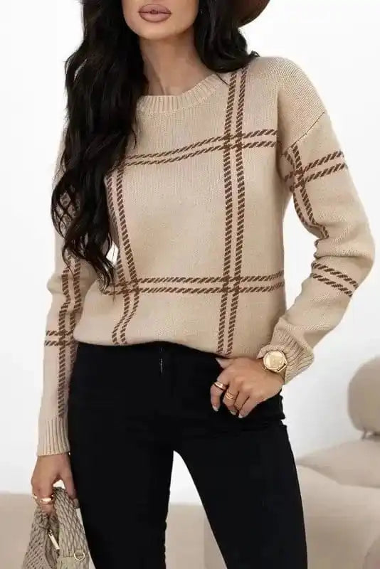 Sweaters Cozy Khaki Plaid Knit Sweater