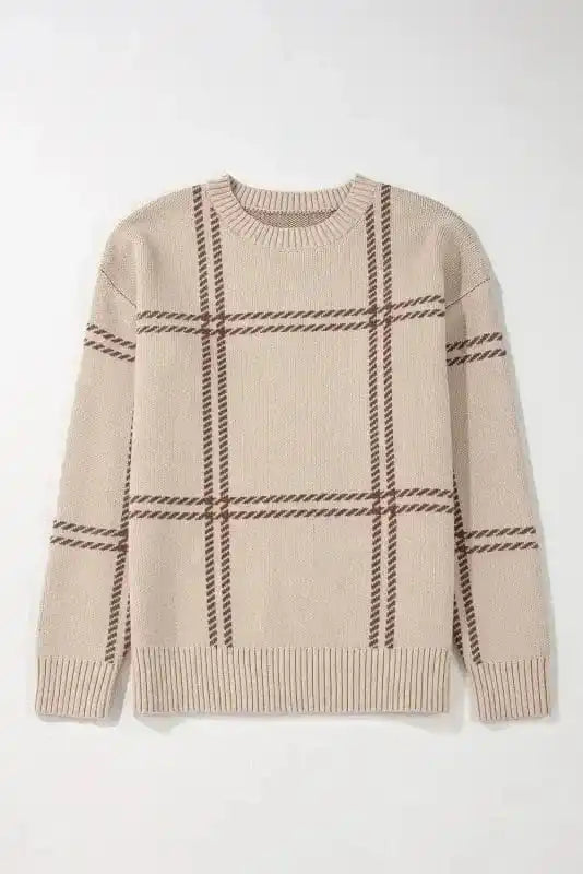 Sweaters Cozy Khaki Plaid Knit Sweater