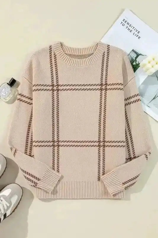 Sweaters Cozy Khaki Plaid Knit Sweater