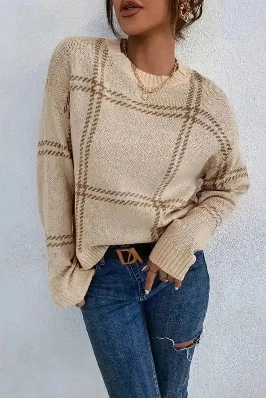 Sweaters Cozy Khaki Plaid Knit Sweater