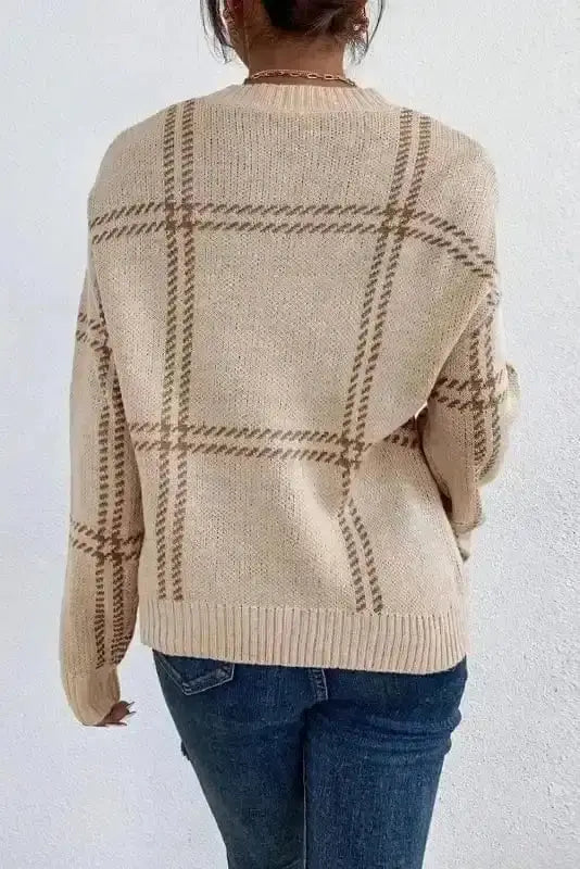 Khaki plaid drop shoulder sweater back view — Fashionfitz UK