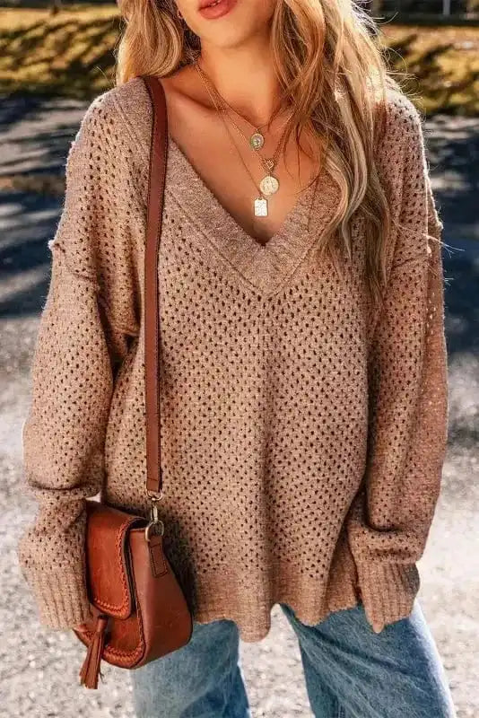 Sweaters Dark Brown / S / 50%Regenerated Polyester+27%Acrylic+15%Polyamide+6%Wool+2%Elastane Chic Eyelet Charm - V-Neck Sweater
