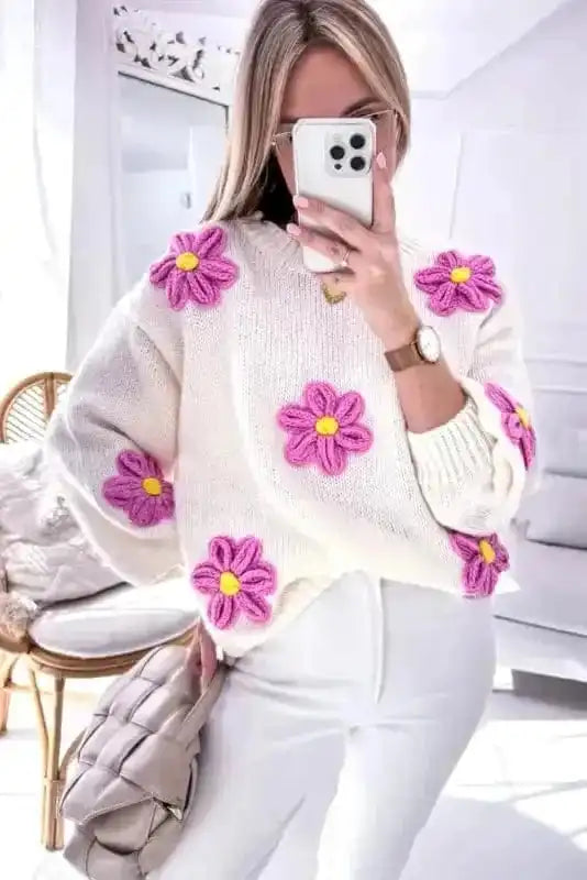 Sweaters Floral Crochet Chunky Knit Sweater