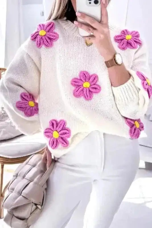 Sweaters Floral Crochet Chunky Knit Sweater