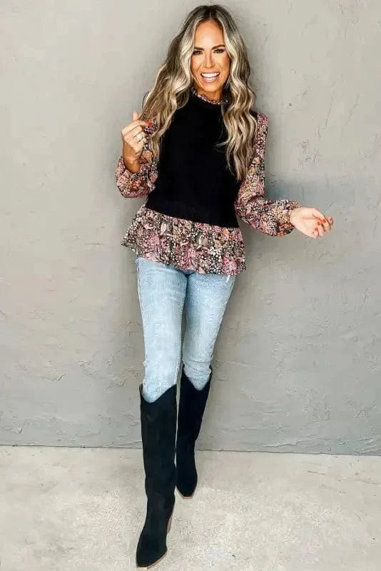 Sweaters Floral Sleeve Peplum Sweater