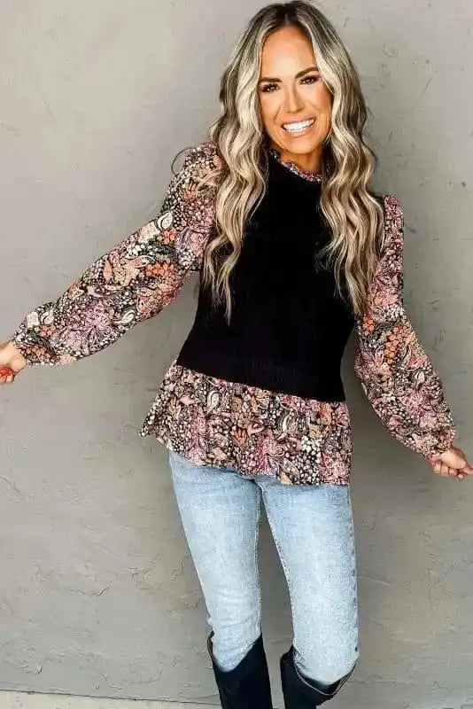Sweaters Floral Sleeve Peplum Sweater