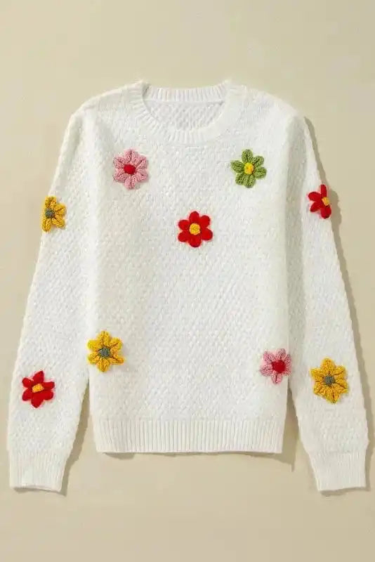 Sweaters Flower Applique White Sweater