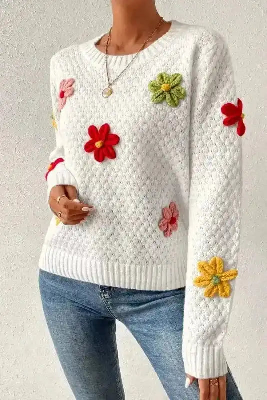 Sweaters Flower Applique White Sweater