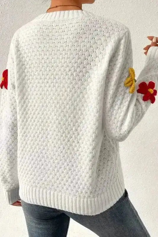Sweaters Flower Applique White Sweater