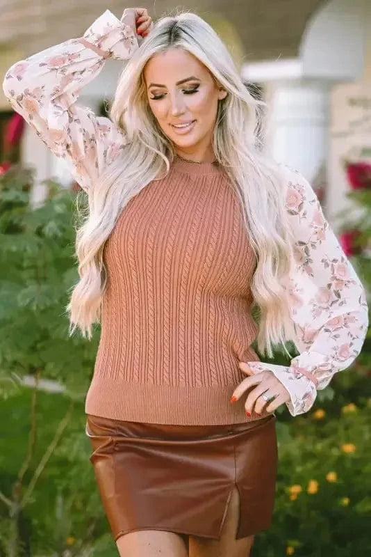 Sweaters Gold Flame / L / 50%Viscose+28%Polyester+22%Polyamide Floral Sleeve Peplum Sweater