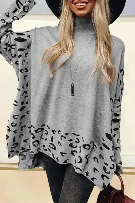 Sweaters Gray / S / 55%Acrylic+45%Cotton Leopard High Neck Oversized Sweater