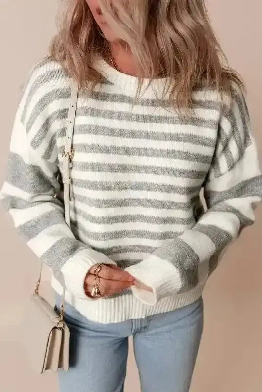 Grey stripe crewneck knit sweater front view — Fashionfitz UK