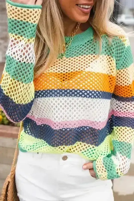 Green crochet eyelet sweater front view — Fashionfitz UK