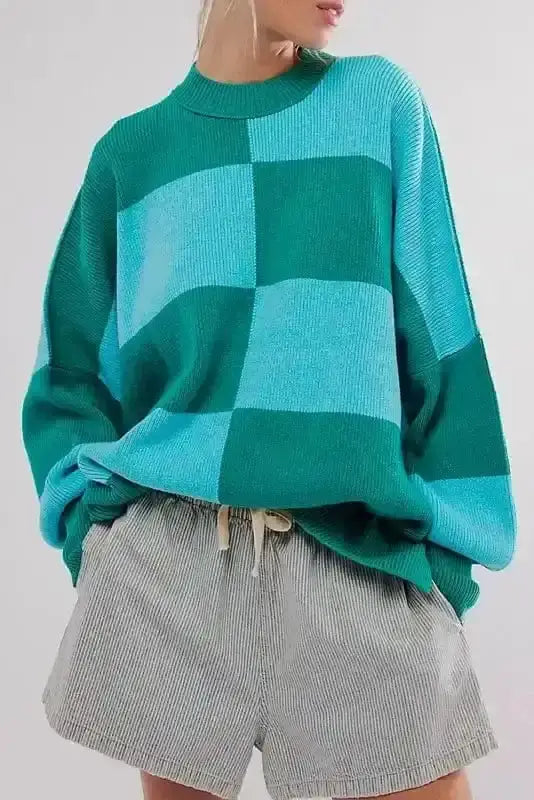 Green plaid slouchy loose sweater front view — Fashionfitz UK