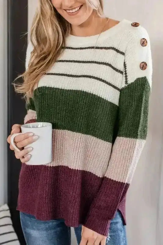 Sweaters Green / S / 60%Cotton+40%Acrylic Trendy Stripes Color Block Sweater