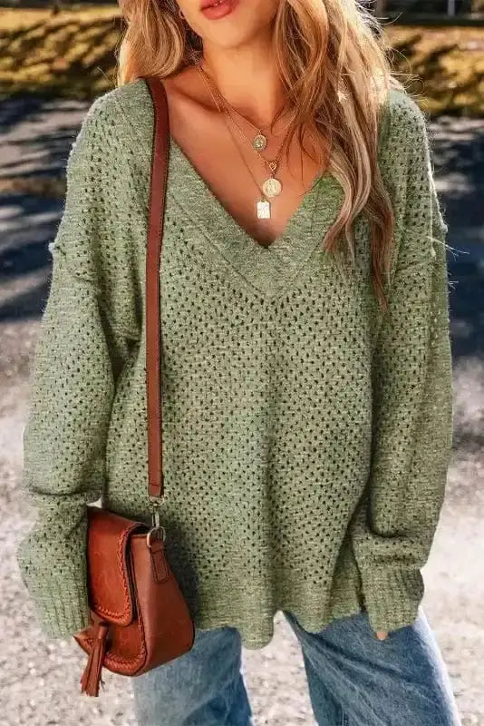 Jungle green eyelet V-neck chic knit sweater front view — Fashionfitz UK
