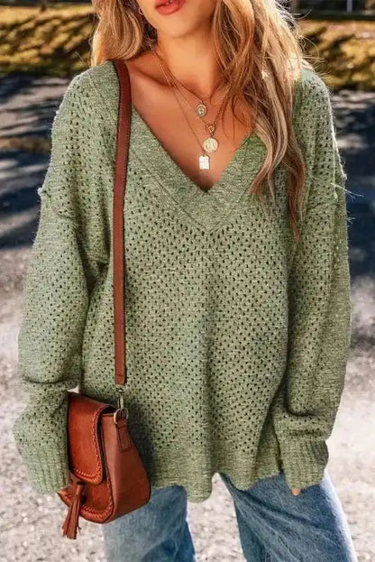 Sweaters Jungle Green / S / 50%Regenerated Polyester+27%Acrylic+15%Polyamide+6%Wool+2%Elastane Chic Eyelet Charm - V-Neck Sweater