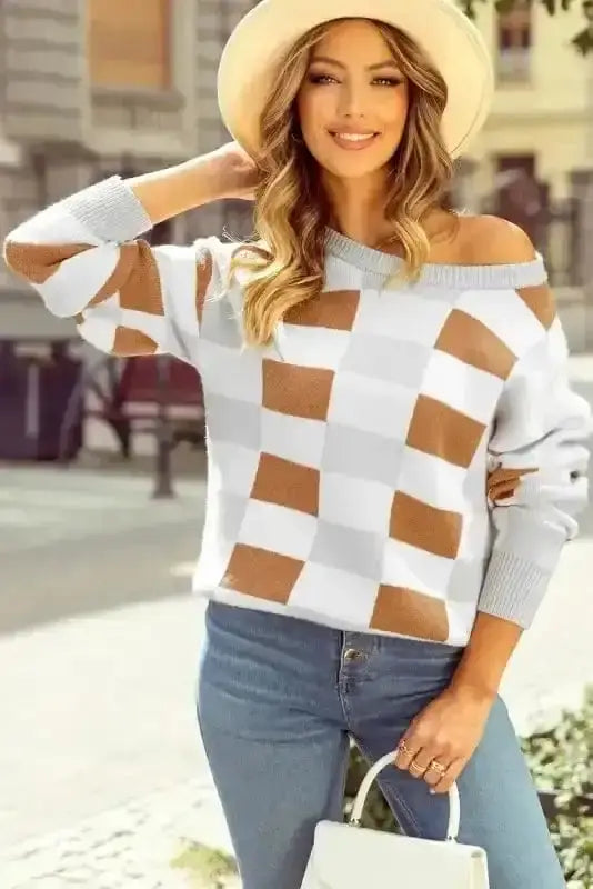 Khaki crosshatch plush knit sweater front view — Fashionfitz UK