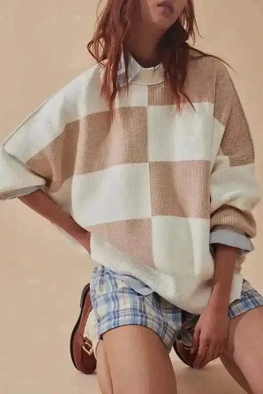 Sweaters Khaki / S / 50%Viscose+28%Polyester+22%Polyamide Plaid Posh Slouchy Sweater