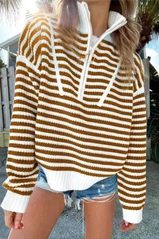 Sweaters Khaki Stripe / S / 60%Cotton+40%Acrylic Urban Noir Stripe Zip Sweater