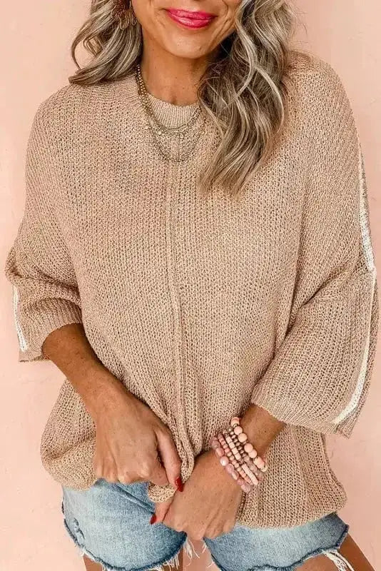 Light french beige pinstripe loose sweater front view — Fashionfitz UK