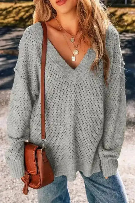 Sweaters Light Grey / S / 50%Regenerated Polyester+27%Acrylic+15%Polyamide+6%Wool+2%Elastane Chic Eyelet Charm - V-Neck Sweater