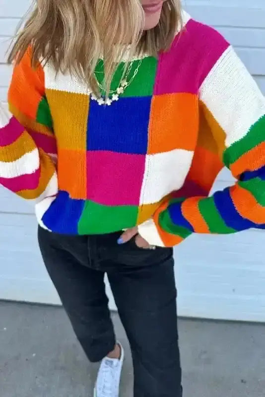 Orange retro squares colourblock loose sweater front view — Fashionfitz UK