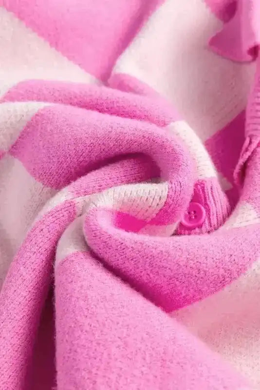 Sweaters Oversized Jumper - Pink Checkered Half Button Collared