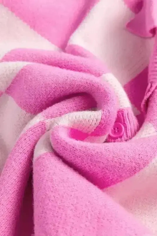 Sweaters Oversized Jumper - Pink Checkered Half Button Collared