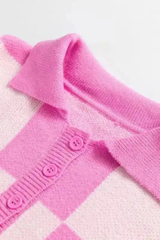 Sweaters Oversized Jumper - Pink Checkered Half Button Collared