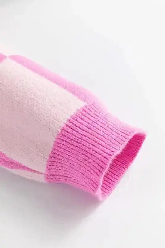 Sweaters Oversized Jumper - Pink Checkered Half Button Collared