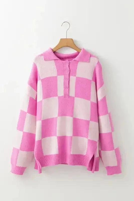 Sweaters Oversized Jumper - Pink Checkered Half Button Collared