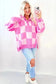 Sweaters Oversized Jumper - Pink Checkered Half Button Collared