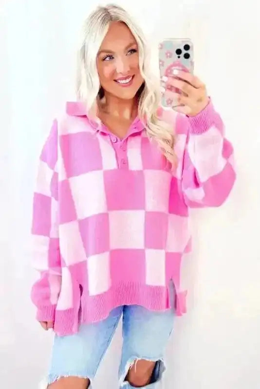 Sweaters Oversized Jumper - Pink Checkered Half Button Collared