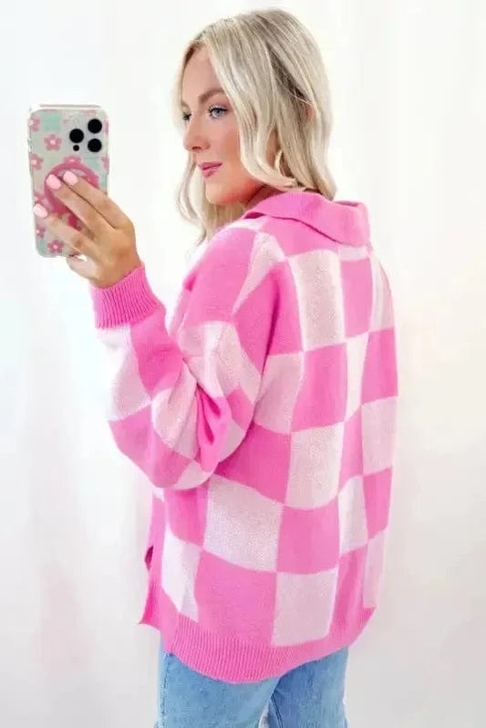 Sweaters Oversized Jumper - Pink Checkered Half Button Collared